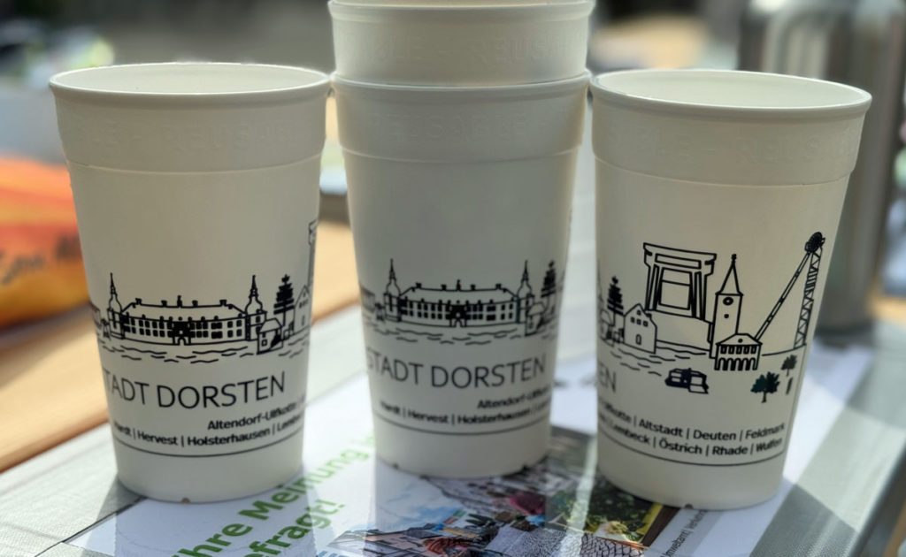 Umweltfreundlich Kaffeebecher der Stadt Dorsten erhältlich in der Stadtagentur
