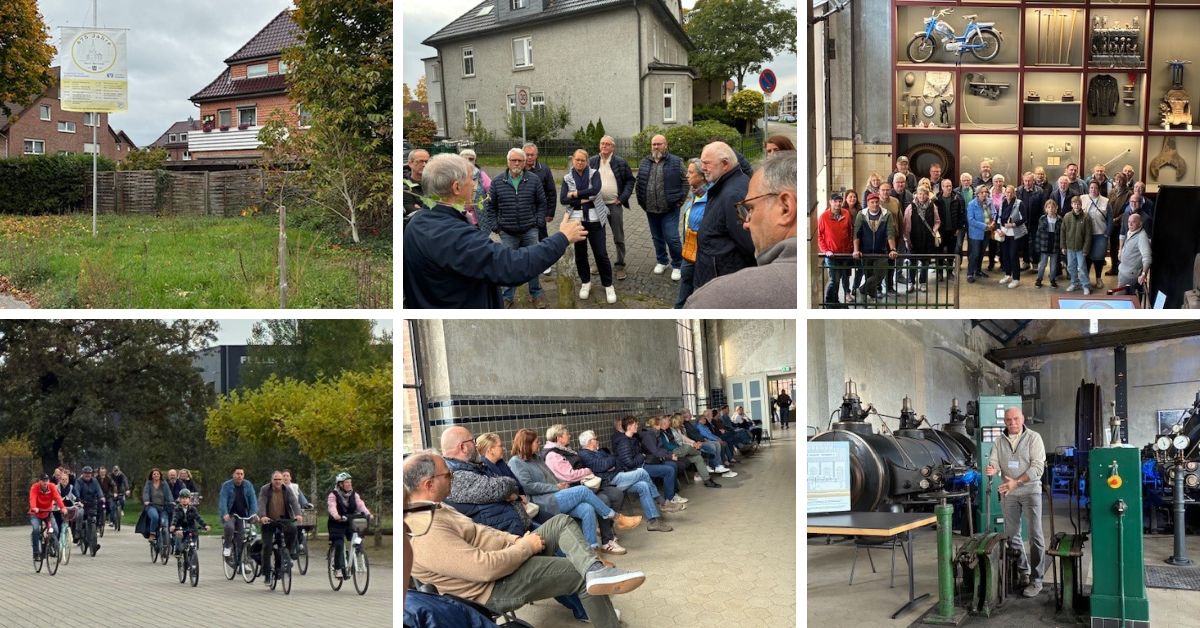Radtour mit historischem Tiefgang: Die Teilnehmenden der Jubiläumsaktion „875 Jahre Dorf Hervest“ besuchten die Maschinenhalle Fürst Leopold und erkundeten die Zechensiedlung – Geschichte zum Anfassen für Jung und Alt.