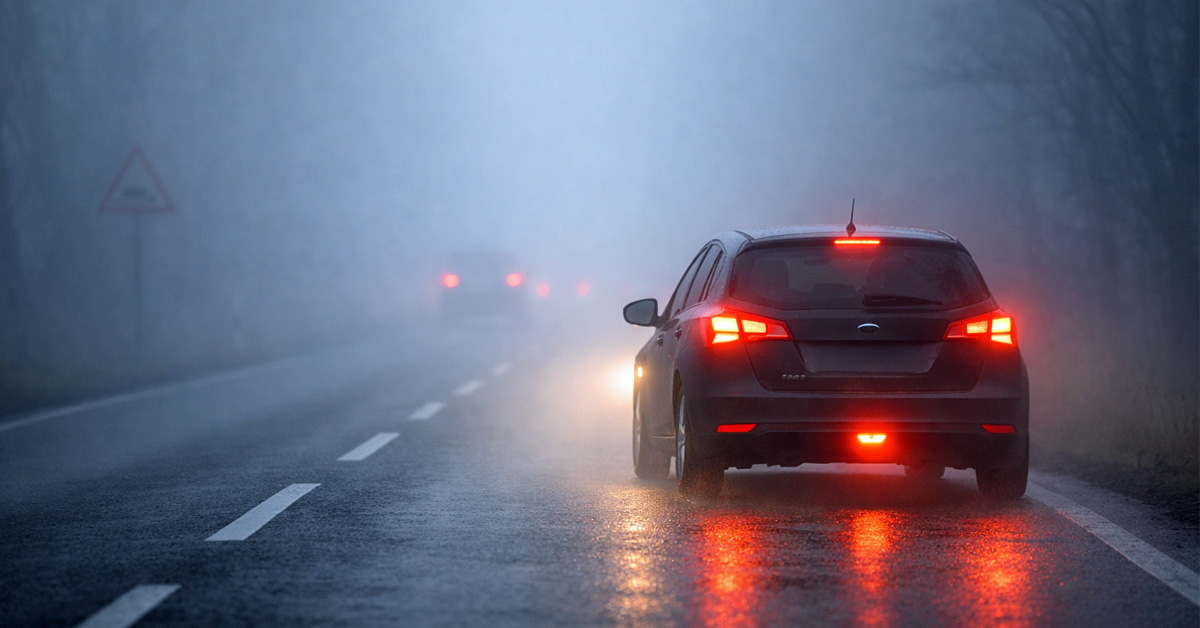 Auto fährt bei dichtem Nebel mit eingeschaltetem Licht auf einer Straße