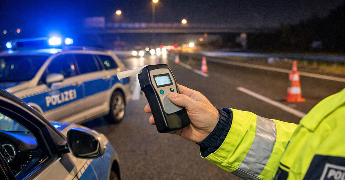 Alkoholkontrolle bei einer nächtlichen Verkehrskontrolle auf der Autobahn.