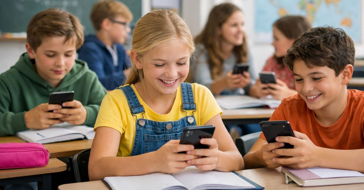 Schülerinnen und Schüler nutzen ihre Smartphones im Unterricht – ein Symbolbild für den verantwortungsvollen Umgang mit digitalen Geräten in der Schule. Foto: KI-generiert / Heimatmedien GmbH