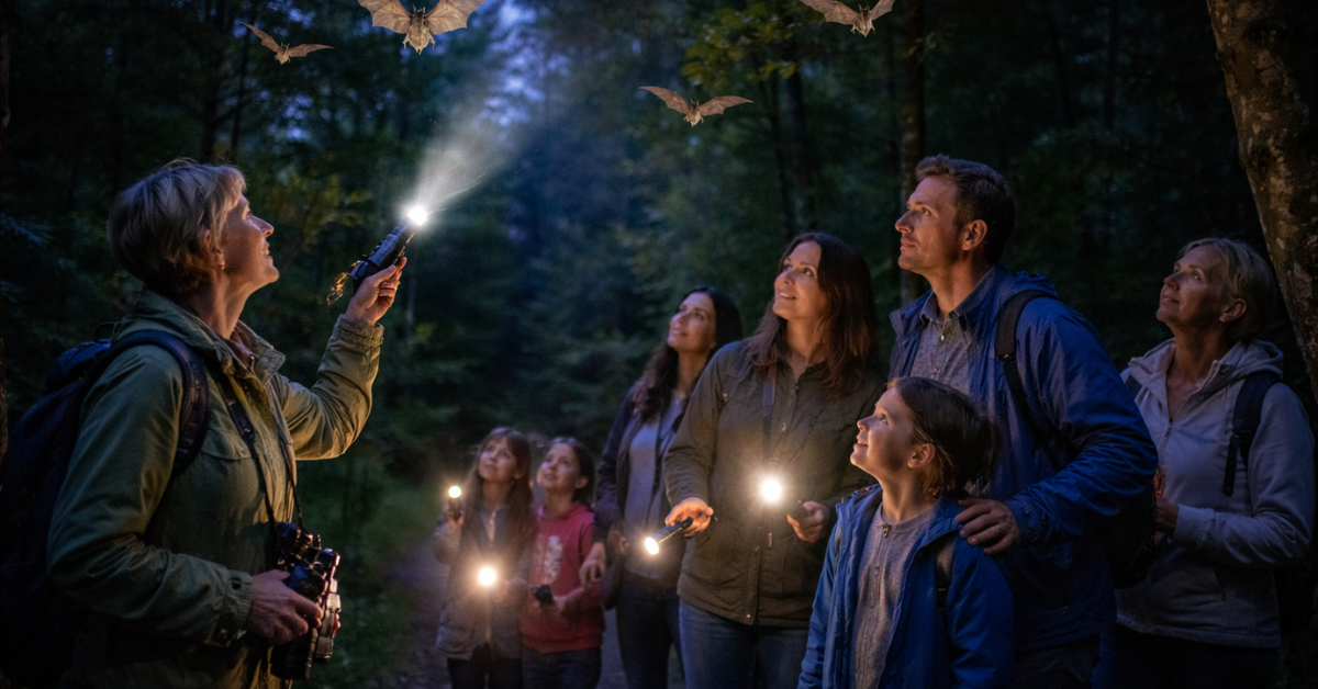 Familien und Naturführerin beobachten bei einer abendlichen Exkursion Fledermäuse im Wald mit Taschenlampen