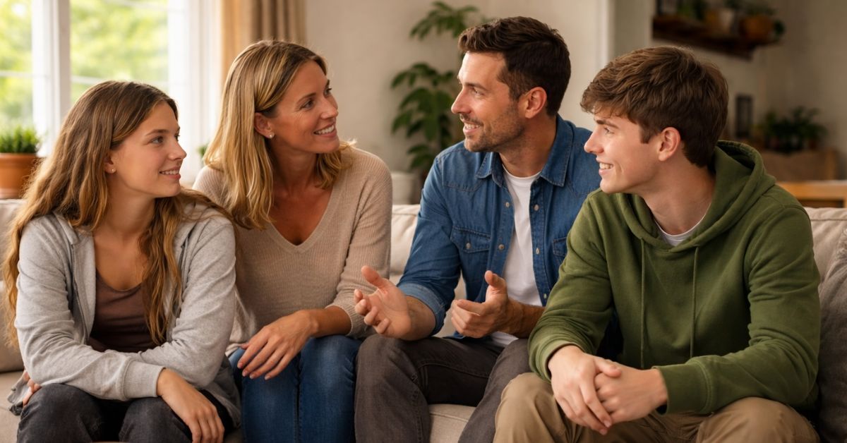 Eltern sprechen mit ihren jugendlichen Kindern im Wohnzimmer über Herausforderungen der Pubertät.
