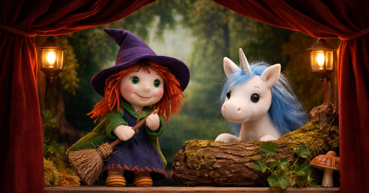 Figurentheater mit Hexe und Einhorn auf einer Bühne im Wald