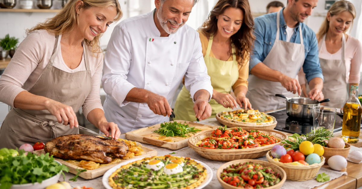 Familie sitzt an einem gedeckten Tisch mit italienischen Ostergerichten wie Lamm, Bruschetta und Osterkuchen