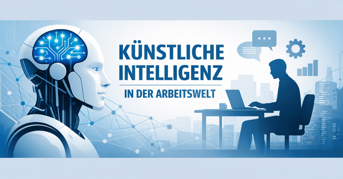 Illustration zur Künstlichen Intelligenz in der Arbeitswelt mit Roboterkopf und arbeitender Person am Laptop