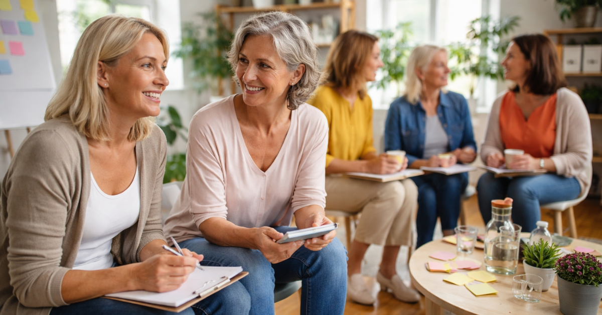Frauen im Workshop tauschen sich in heller Atmosphäre über persönliche Entwicklung in der Lebensmitte aus