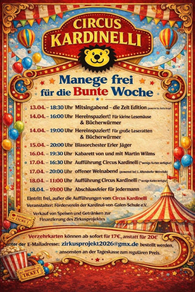 Plakat zur Bunten Woche des Circus Kardinelli am Teilstandort Altendorf. Grafik: Verein