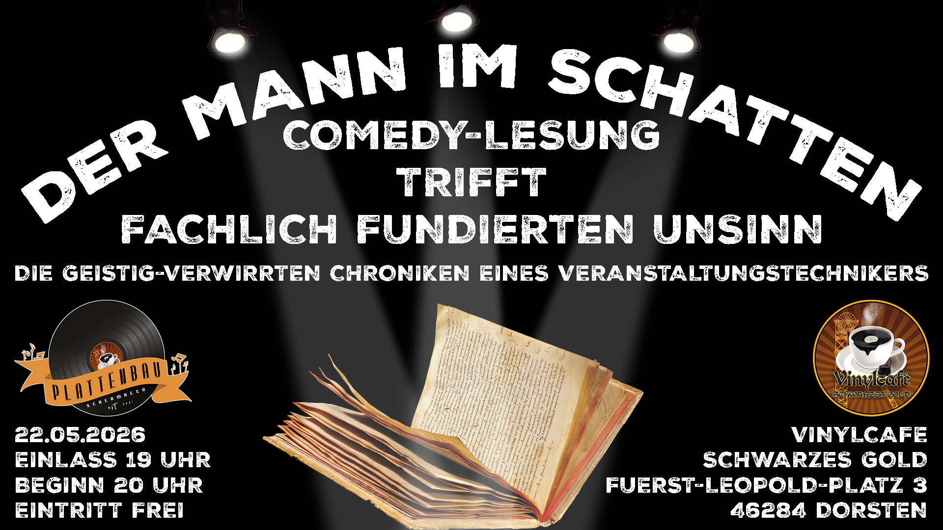 Veranstaltungsplakat zur Comedy-Lesung Der Mann im Schatten im Vinylcafe Dorsten