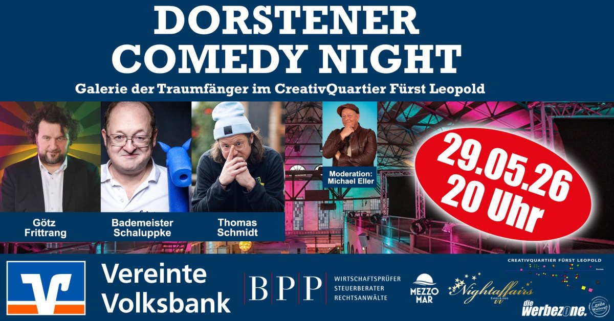 Flyer zur Dorstener Comedy Night am 29. Mai 2026 mit Götz Frittrang, Bademeister Schaluppke, Thomas Schmidt und Michael Eller