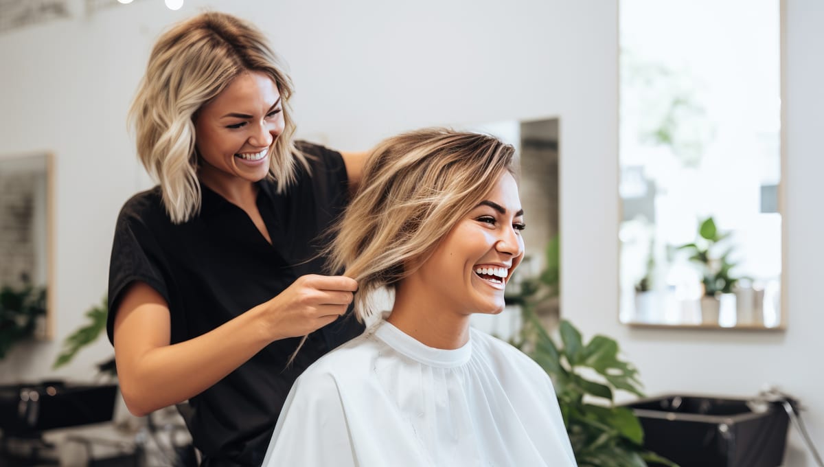 Friseurin stylt einer Kundin die Haare in einem Salon