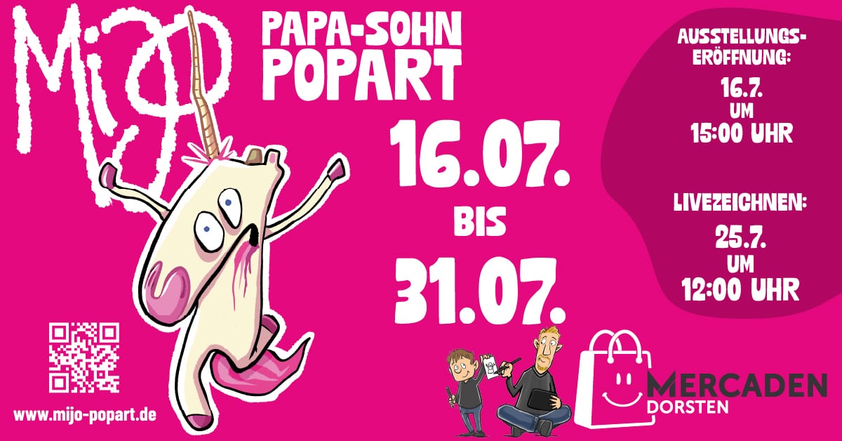 Grafik zur Pop-Art-Ausstellung mit Cartoonfigur und Terminen in den Mercaden Dorsten