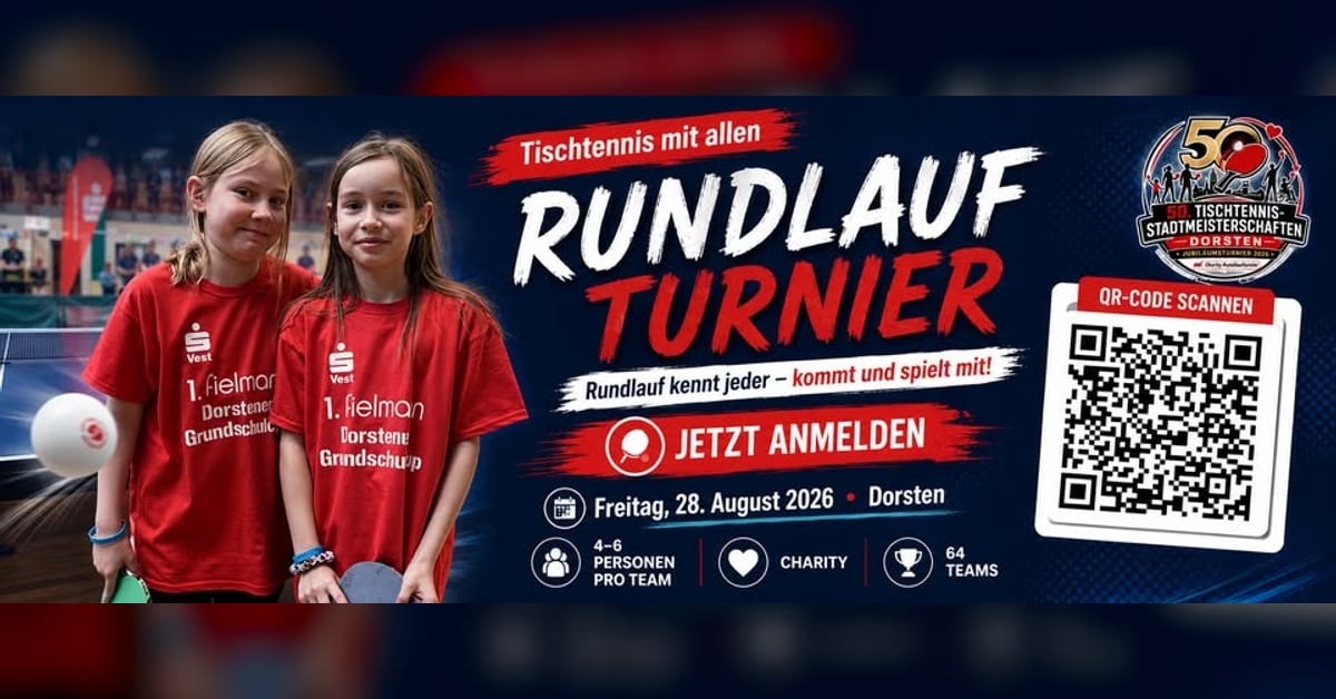 Titelbild zum Charity-Rundlaufturnier des TTV Hervest-Dorsten mit Tischtennis-Motiv und QR-Code